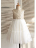 Matte Sequin Ivory Tulle Knee Length Ruffled Flower Girl Dress